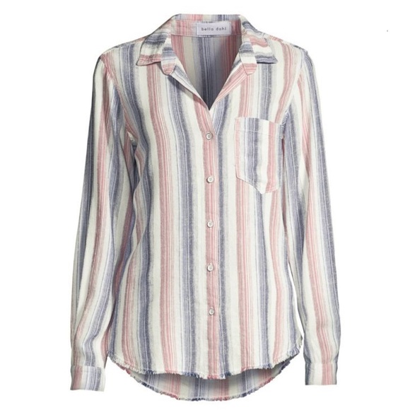 Bella Dahl Striped Linen-Blend Collared Blouse Button Up Blue Pink Size Large - Picture 11 of 11